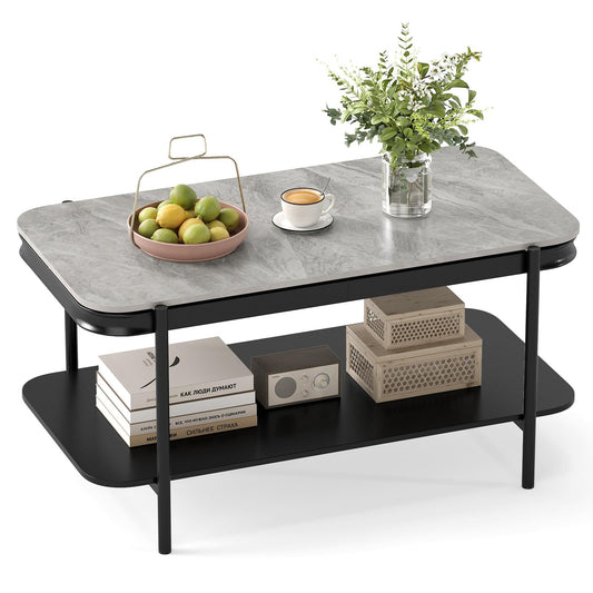2-Tier Coffee Table, Rectangular Center Cocktail Table with Sintered Stone Tabletop