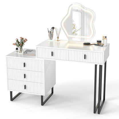 Dressing Table with Leaf-Shaped LED Mirror, Wooden Fluted Makeup Table