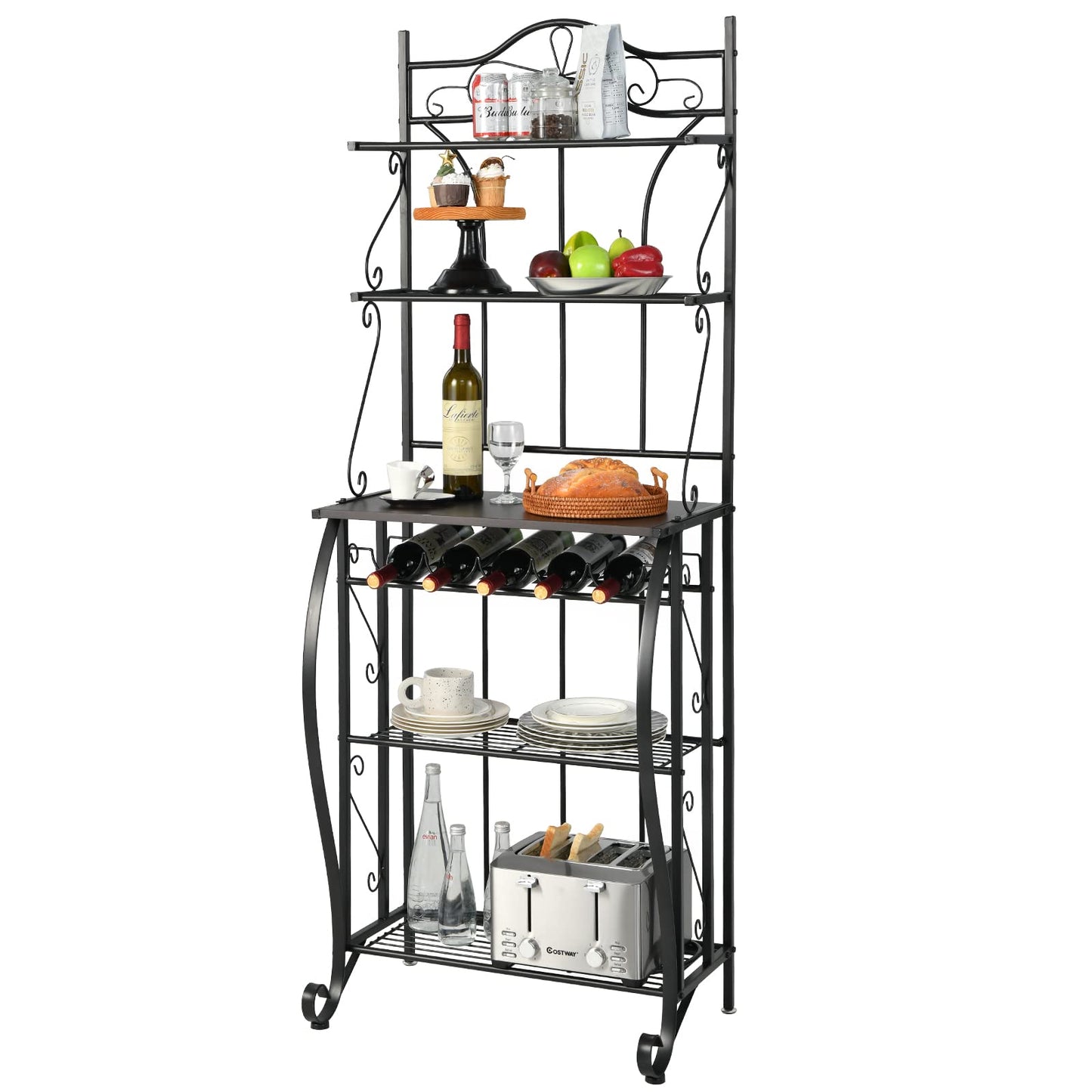5-Tier Freestanding Baker's Rack with Wine Rack and Adjustable Foot Pads