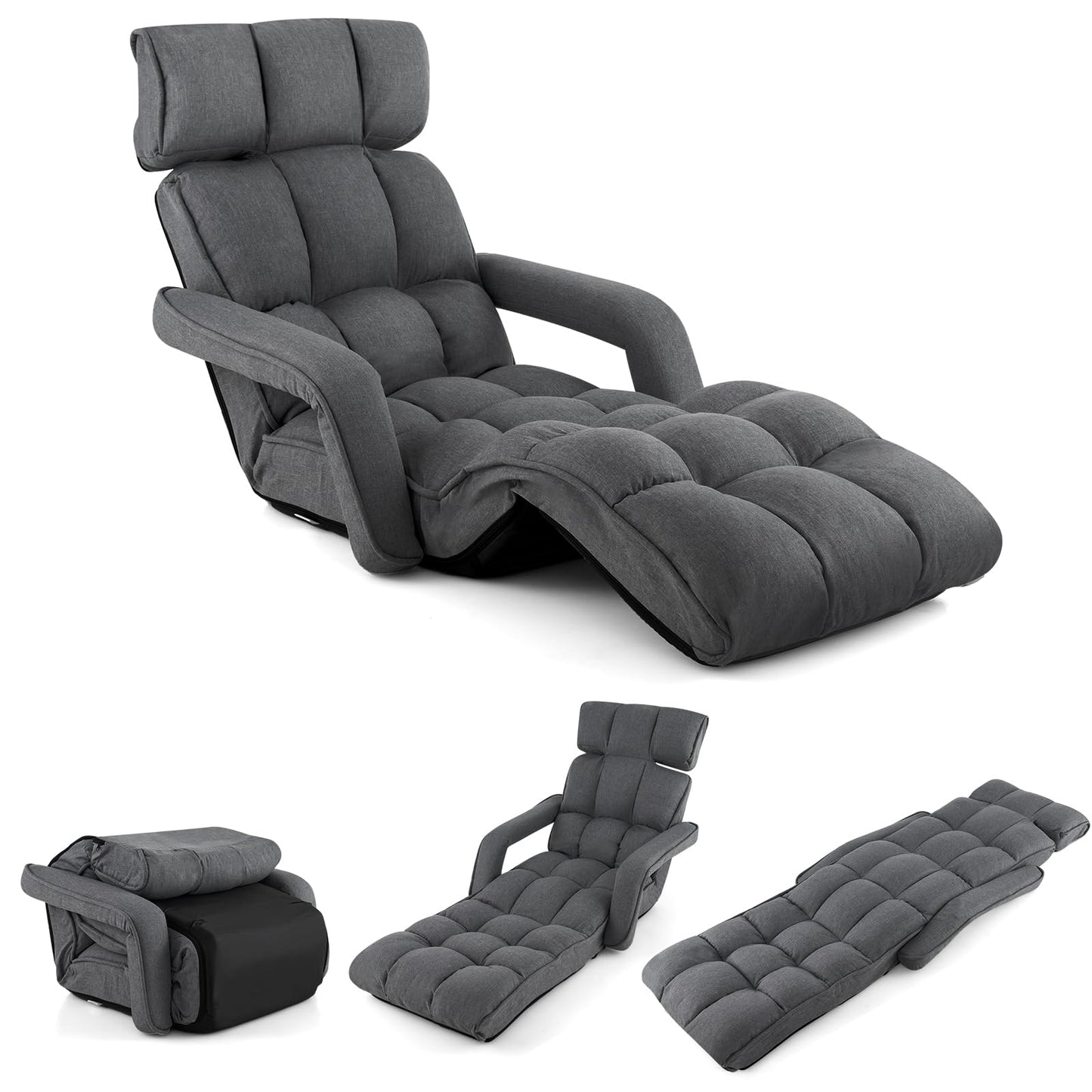 Folding Lazy Sofa, 6-Positon Adjustable Lounger Sleeper Floor Chair with Armrest & Footrest