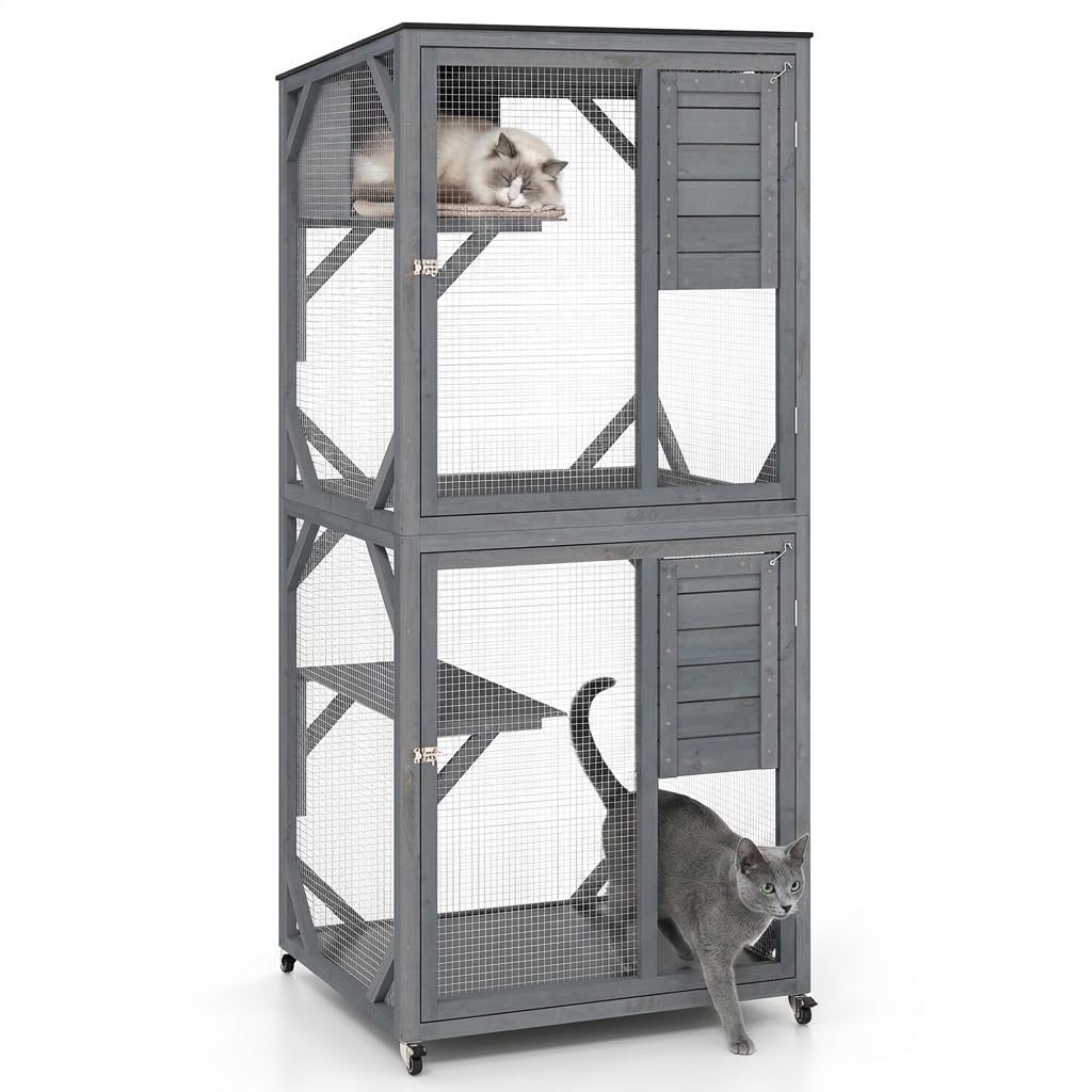 Wooden Cat House, Kitty Cage with Water-resistant Asphalt Roof