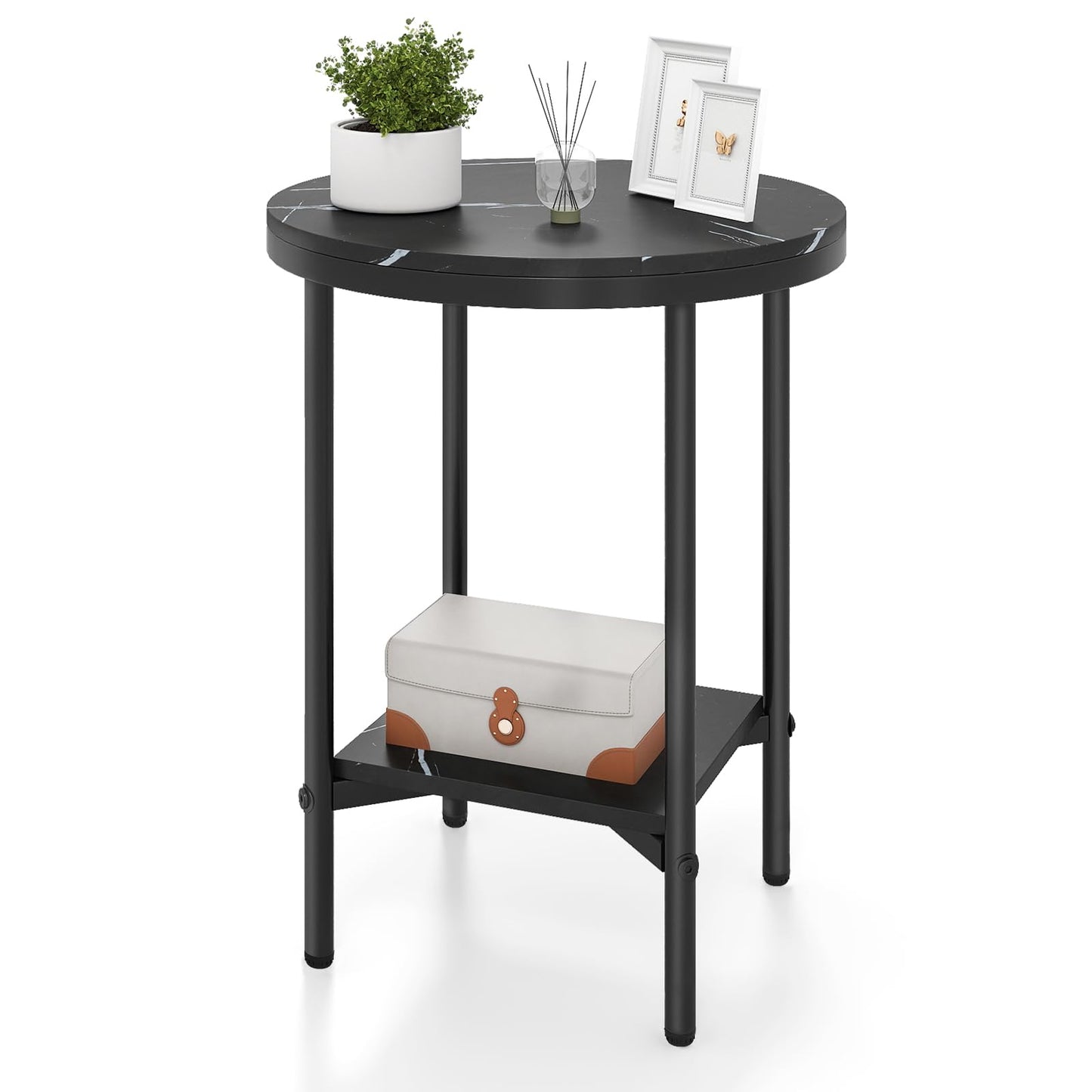 Round Side Table, 2-Tier Faux Marble Nightstand Sofa End Table