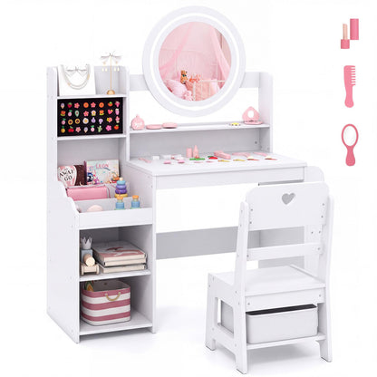Kids Dressing Table with Lighted Mirror (White, With Storage