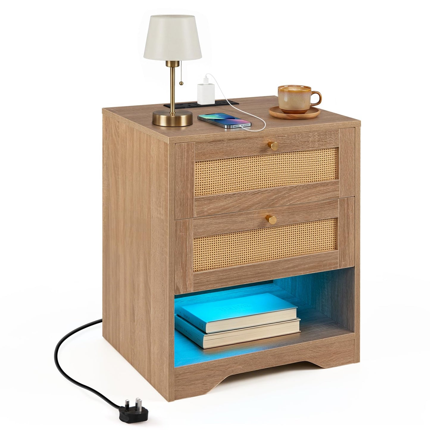 Rattan Bedside Table with Charging Station and LED Lights, Boho Nightstand End Sofa Side Table