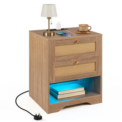 Rattan Bedside Table with Charging Station and LED Lights, Boho Nightstand End Sofa Side Table