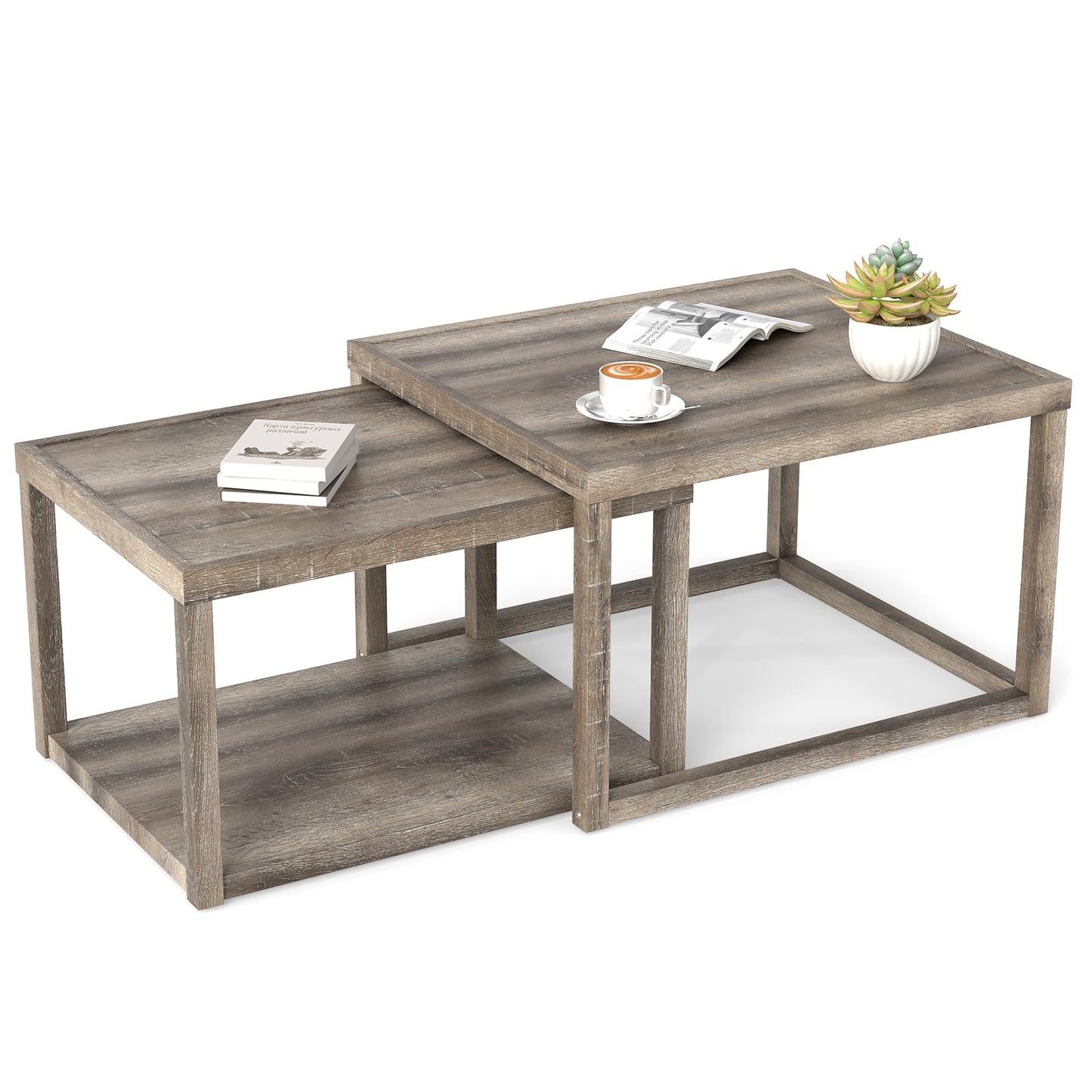 Nesting Coffee Table Set of 2 with Storage Shelf and Rubber Wood Frame