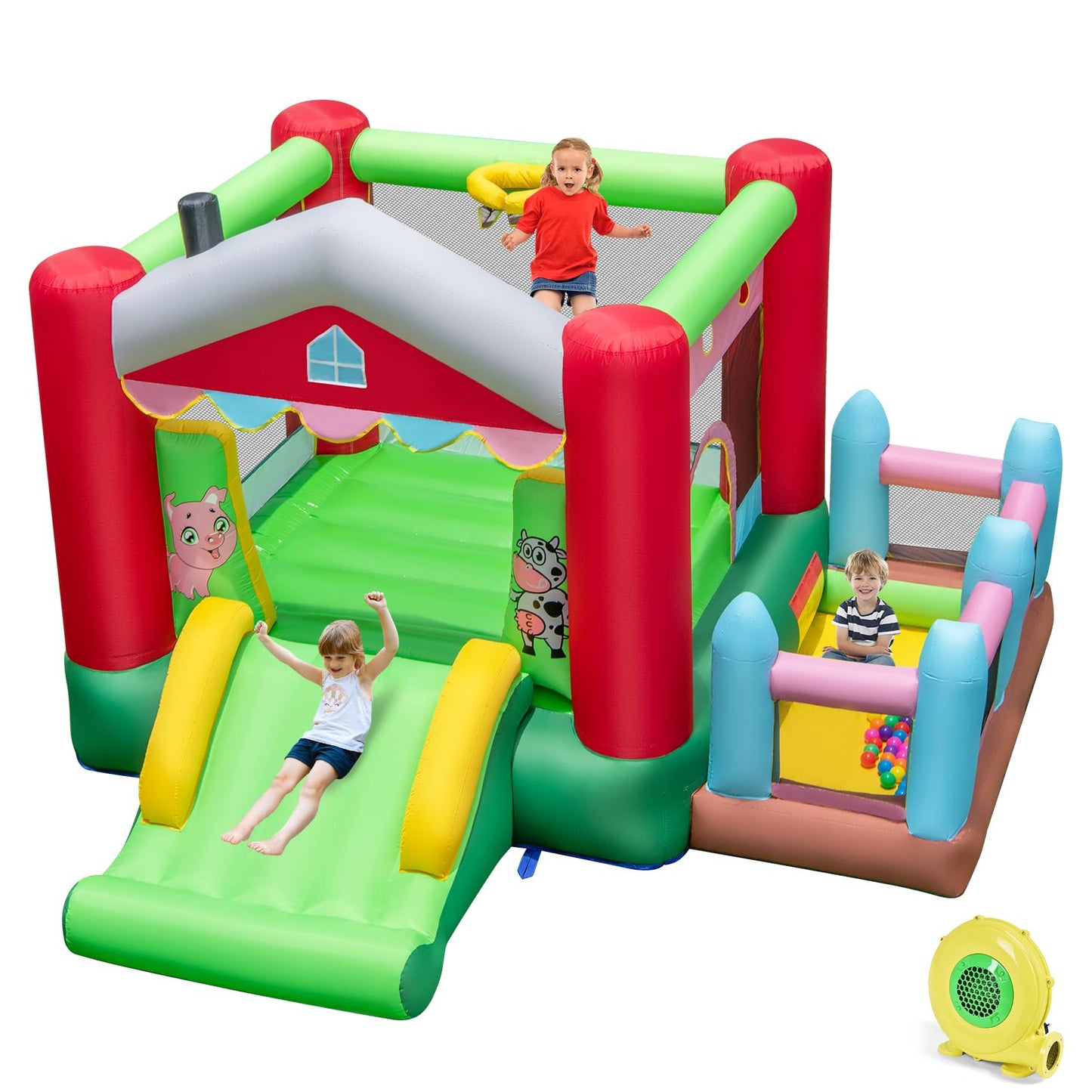 4-in-1 Farm Themed Inflatable Bounce House with 480W Blower