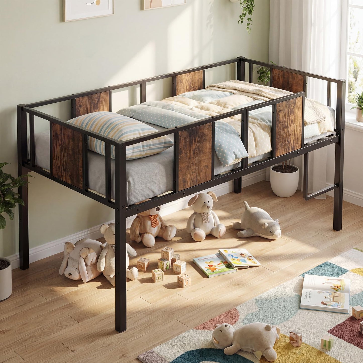Kids Loft Bed, Metal Single Size Low Loft Bed with Under-Bed Space