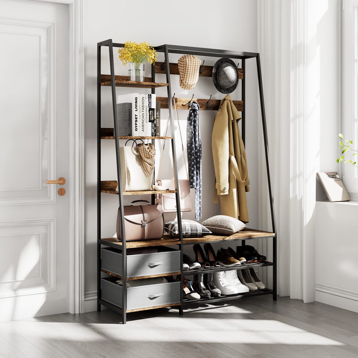 6-in-1 Freestanding Garment Coat Rack with 9 Hooks and 6 Storage Shelves