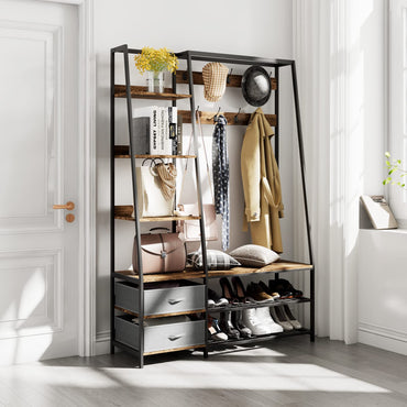 6-in-1 Freestanding Garment Coat Rack with 9 Hooks and 6 Storage Shelves