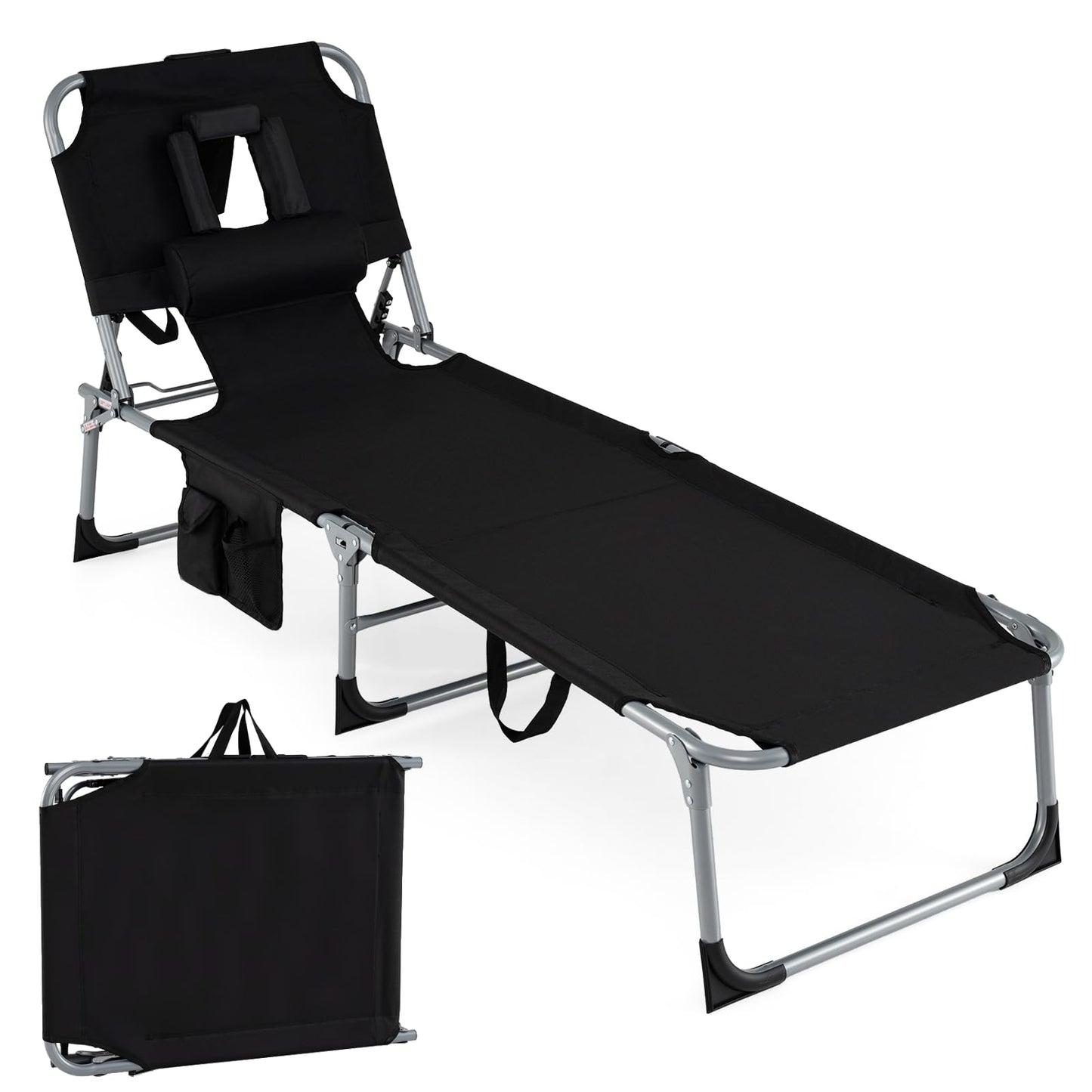 Folding Sun Lounger with Face Hole, 4-Position Adjustable Outdoor Chaise Lounge Chair