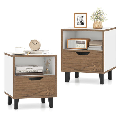 Mid Century Modern Nightstand Set of 2 with Drawer and Open storage Shelf