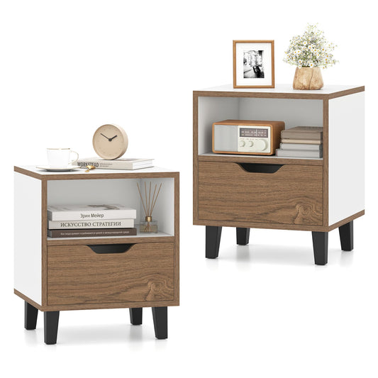 Mid Century Modern Nightstand Set of 2 with Drawer and Open storage Shelf