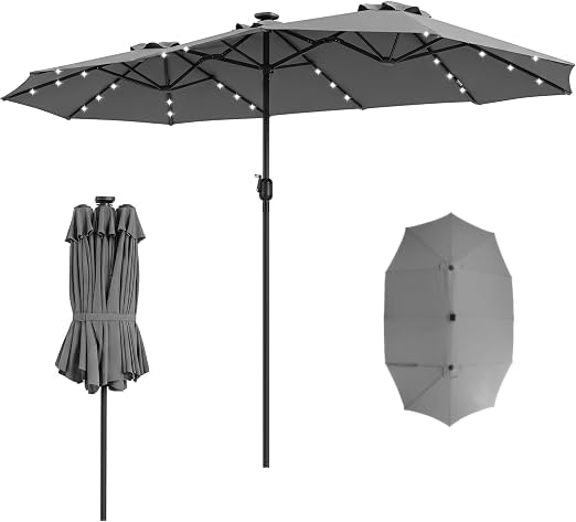 460 cm Twin Patio Umbrella with 48 LED Lights and Auto-Charging Solar Panel