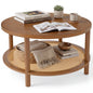 2-Tier Round Coffee Table with Rattan Storage Shelf, Rubber Wood
