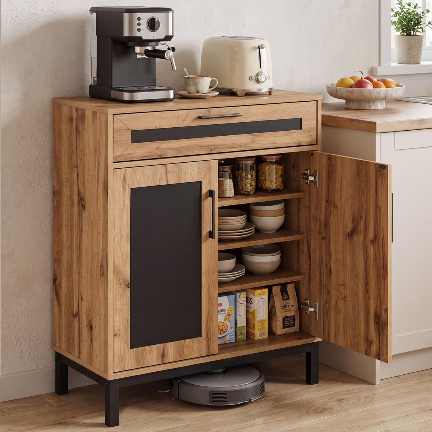 Storage Cabinet, Wooden Buffet Sideboard with Drawer, Doors, Removable Shelves and Metal Legs