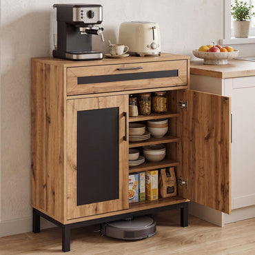 Storage Cabinet, Wooden Buffet Sideboard with Drawer, Doors, Removable Shelves and Metal Legs