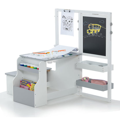 Kids Art Easel Table and Bench Set with Adjustable Easel and Bookshelf