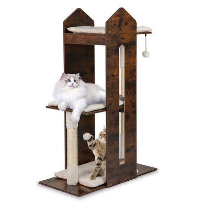 Wooden Cat Activity Center with Sisal Scratching Posts and Hanging Balls