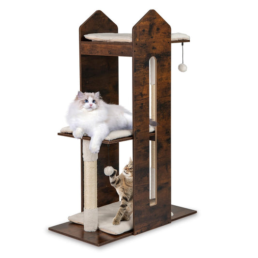 Wooden Cat Activity Center with Sisal Scratching Posts and Hanging Balls