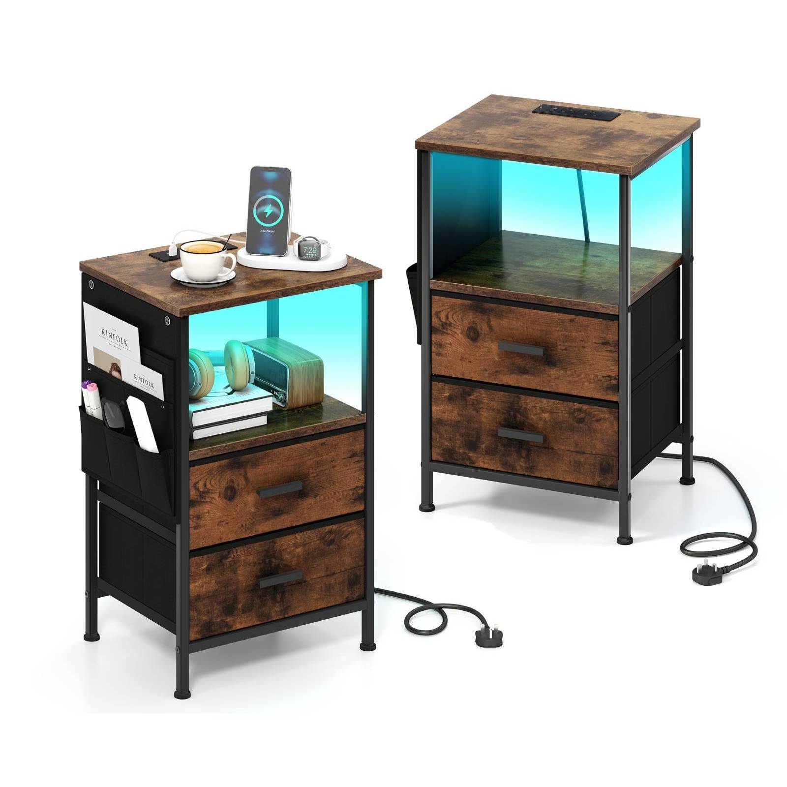 Set of 2 End Tables with Charging Station and 2 Folding Fabric Drawers ...