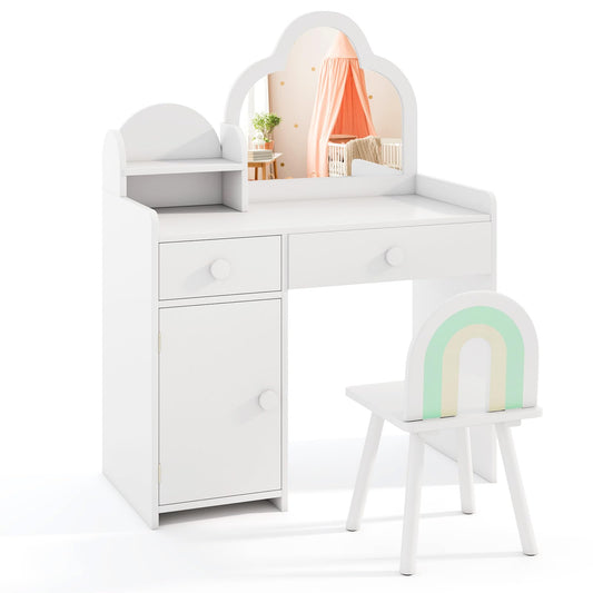 Kids Vanity Table and Chair Set with Cloud-shaped Mirror and Shelf Drawers