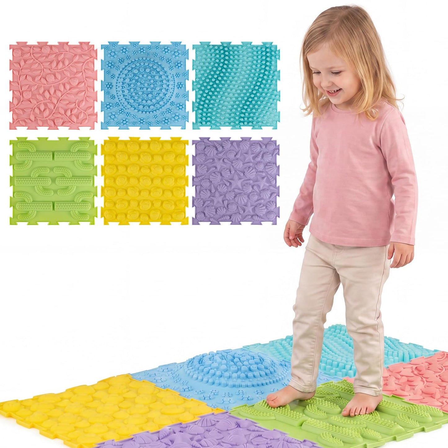 6 PCS Tactile Sensory Mats, Puzzle Floor Tiles (Colorful)