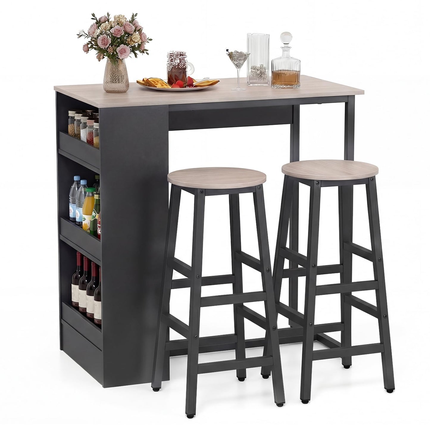 3 Piece Bar Table Set, Dining Table and 2 Stools with 3-Tier Side Shelves & Footrest