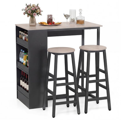 3 Piece Bar Table Set, Dining Table and 2 Stools with 3-Tier Side Shelves & Footrest