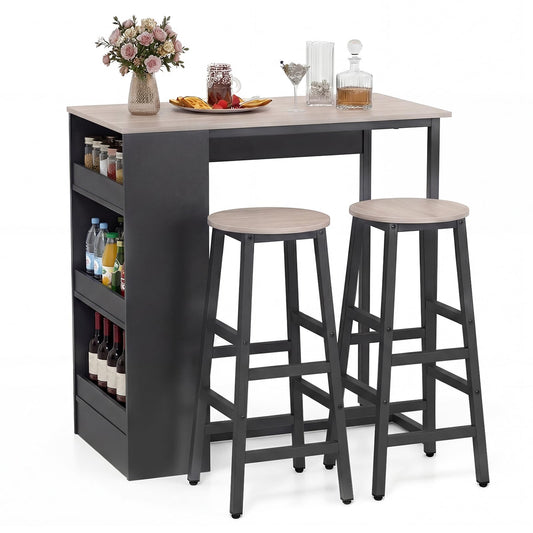 3 Piece Bar Table Set, Dining Table and 2 Stools with 3-Tier Side Shelves & Footrest