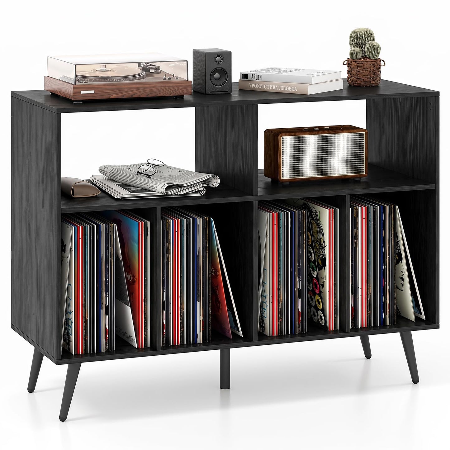Record Player Stand with Charging Station and Storage Shelves