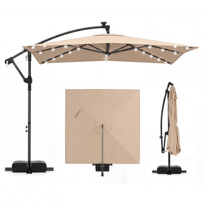 2.5M Cantilever Garden Parasol, Square Offset Banana Umbrella with 32 Solar LED Lights, 360° Rotation