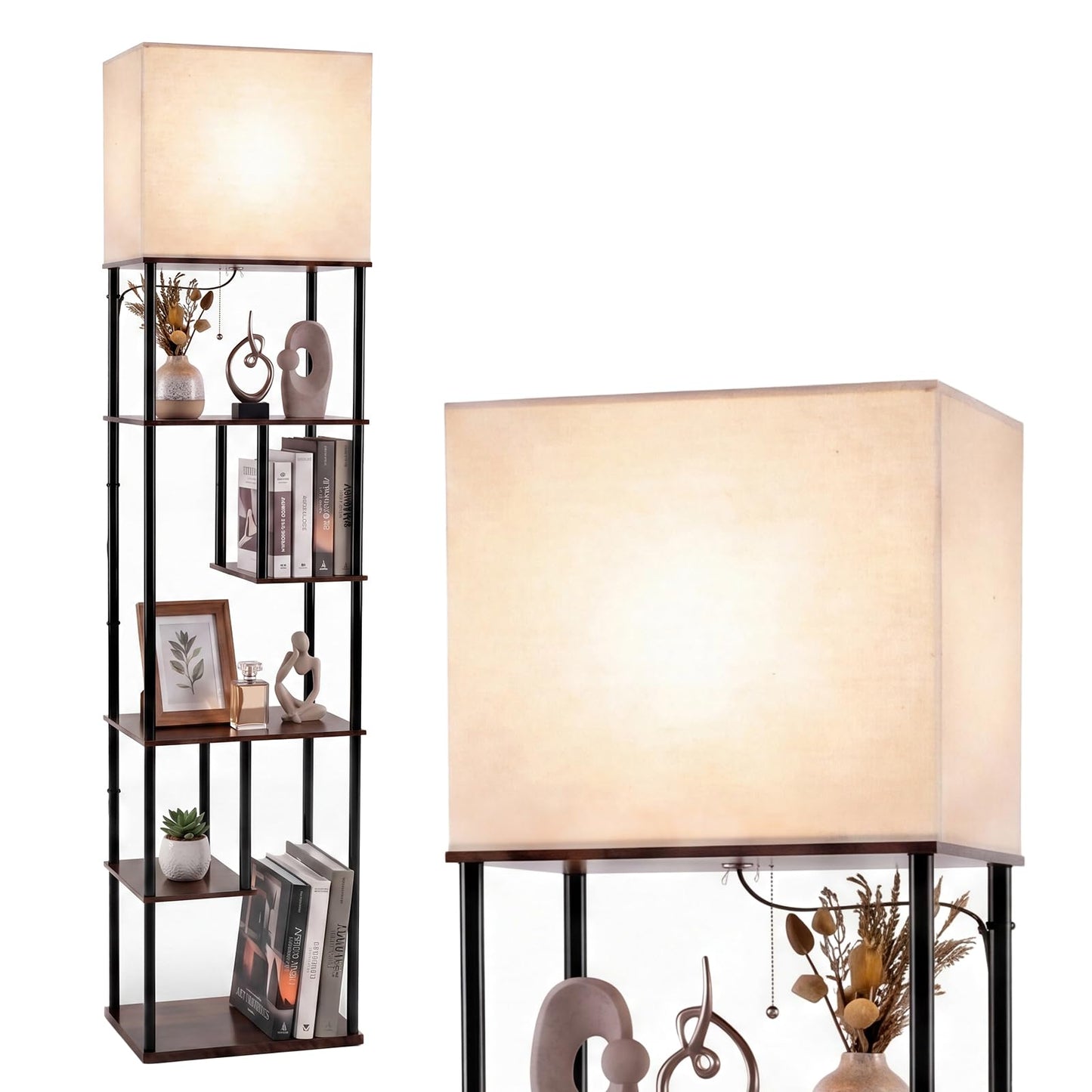 Floor Lamp with Shelves, 5-Tier Tall Standing Lamp with Linen Fabric Shade