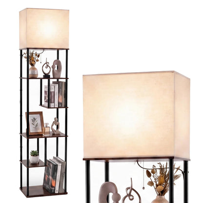 Floor Lamp with Shelves, 5-Tier Tall Standing Lamp with Linen Fabric Shade