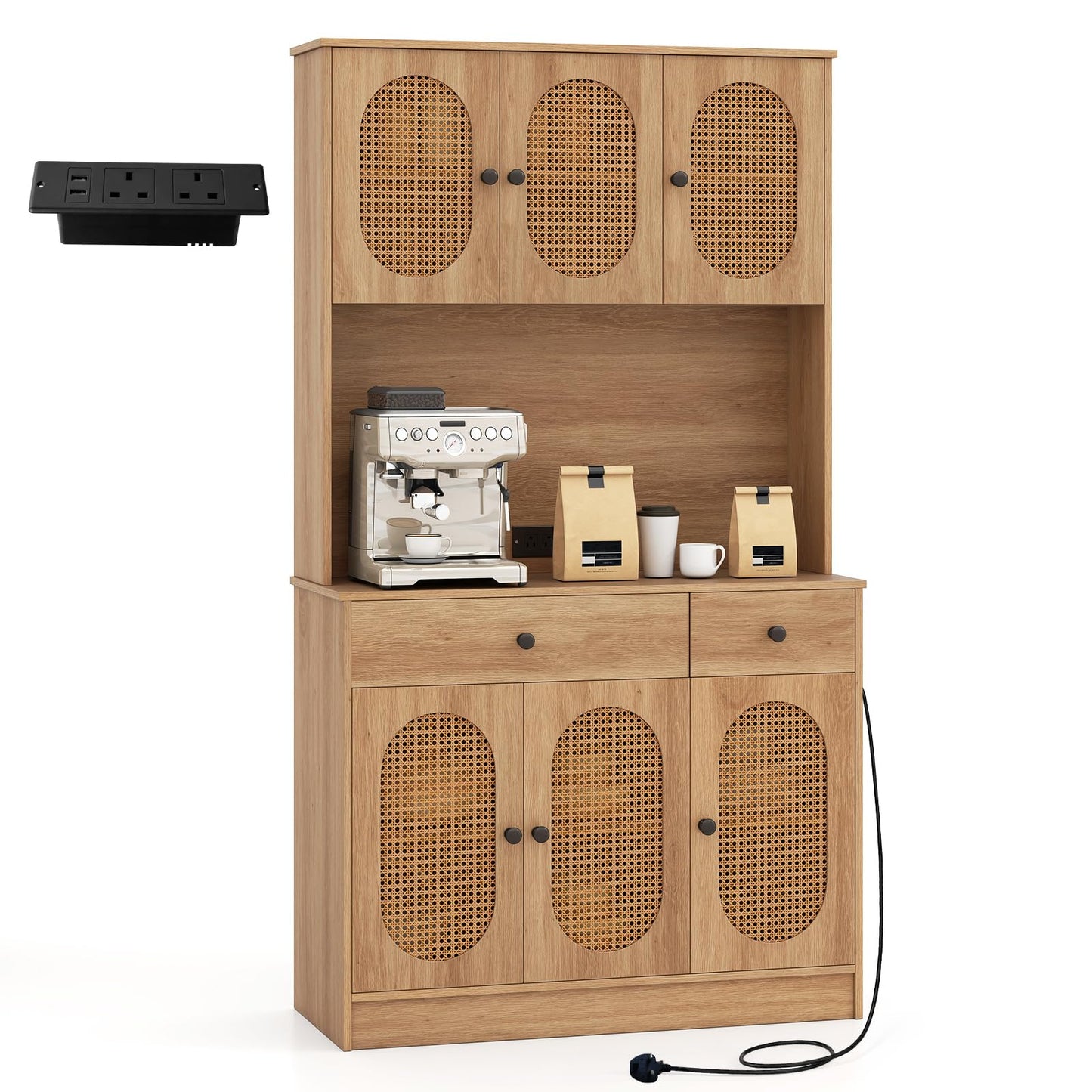 Kitchen Storage Cabinet with Charging Station and 6 Rattan Doors