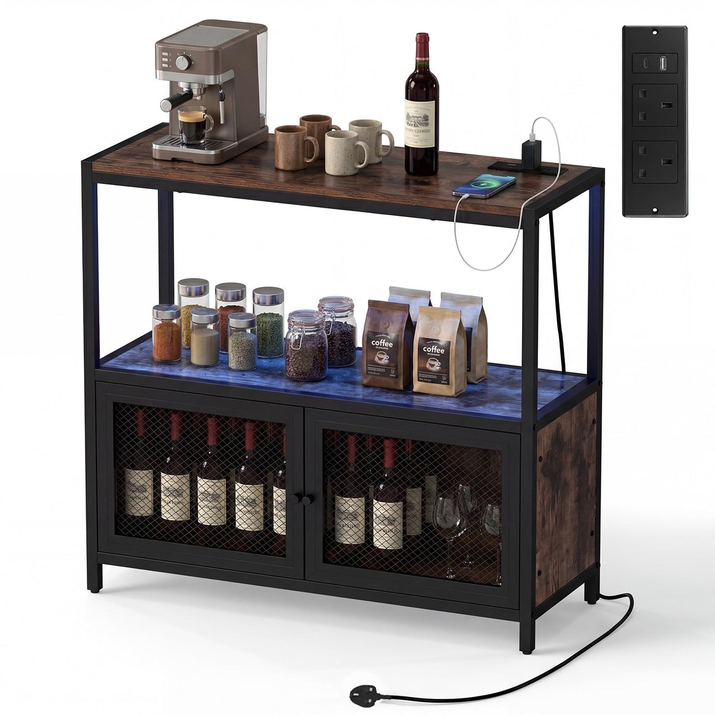 Coffee Bar Cabinet with LED Lights Charging Station & Open Shelf for Kitchen