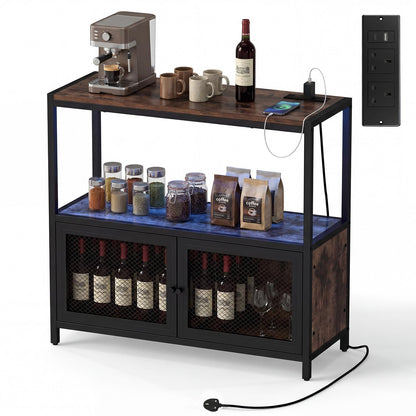 Coffee Bar Cabinet with LED Lights Charging Station & Open Shelf for Kitchen