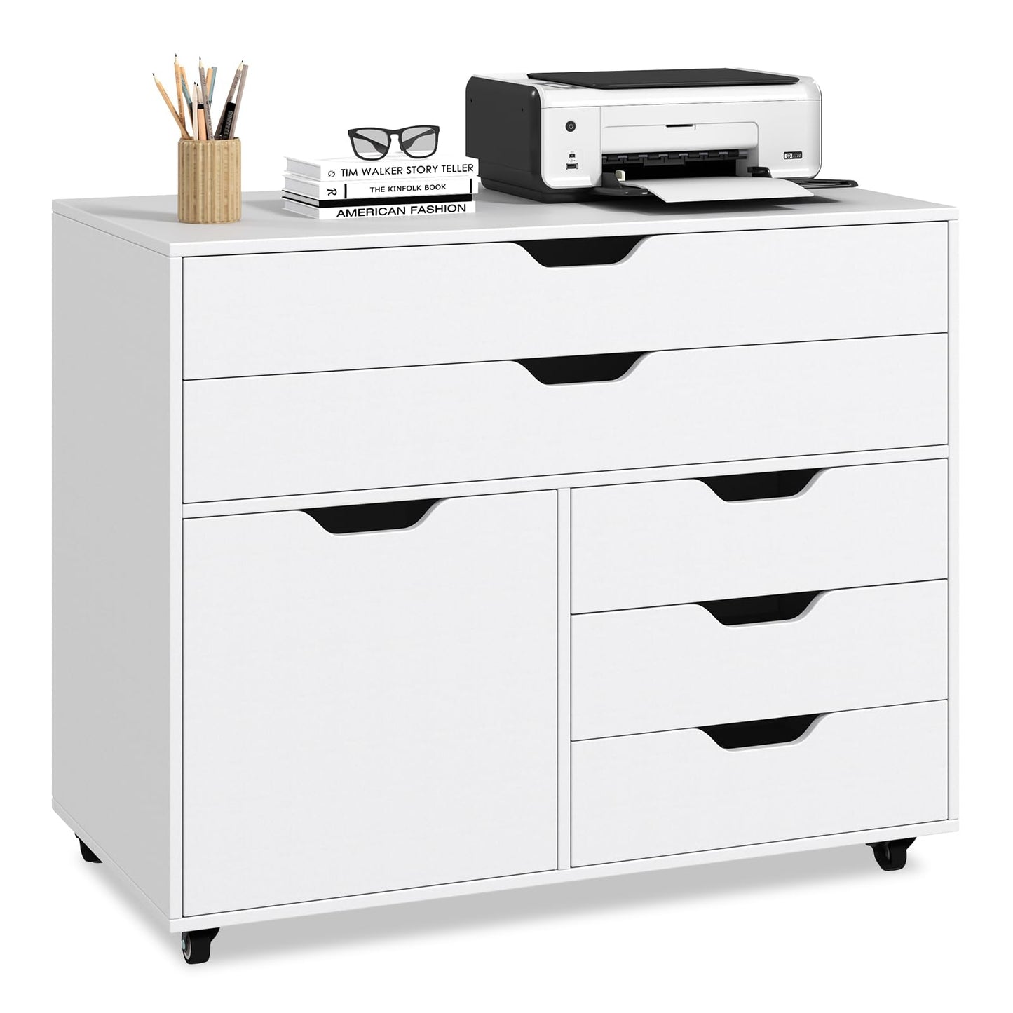 5-Drawer Chest with Door Mobile Chest of Drawers with 5 Casters