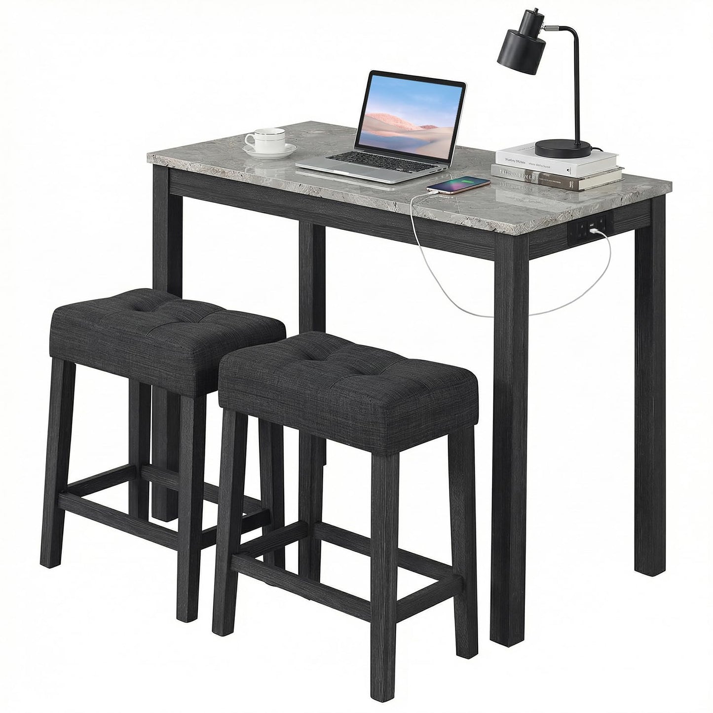 Bar Table Set with 2 Stools, 3 Pieces Breakfast Bar Set with Power Outlets