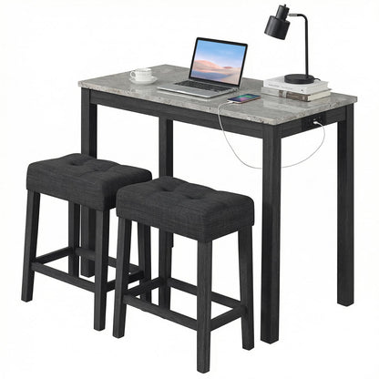 Bar Table Set with 2 Stools, 3 Pieces Breakfast Bar Set with Power Outlets