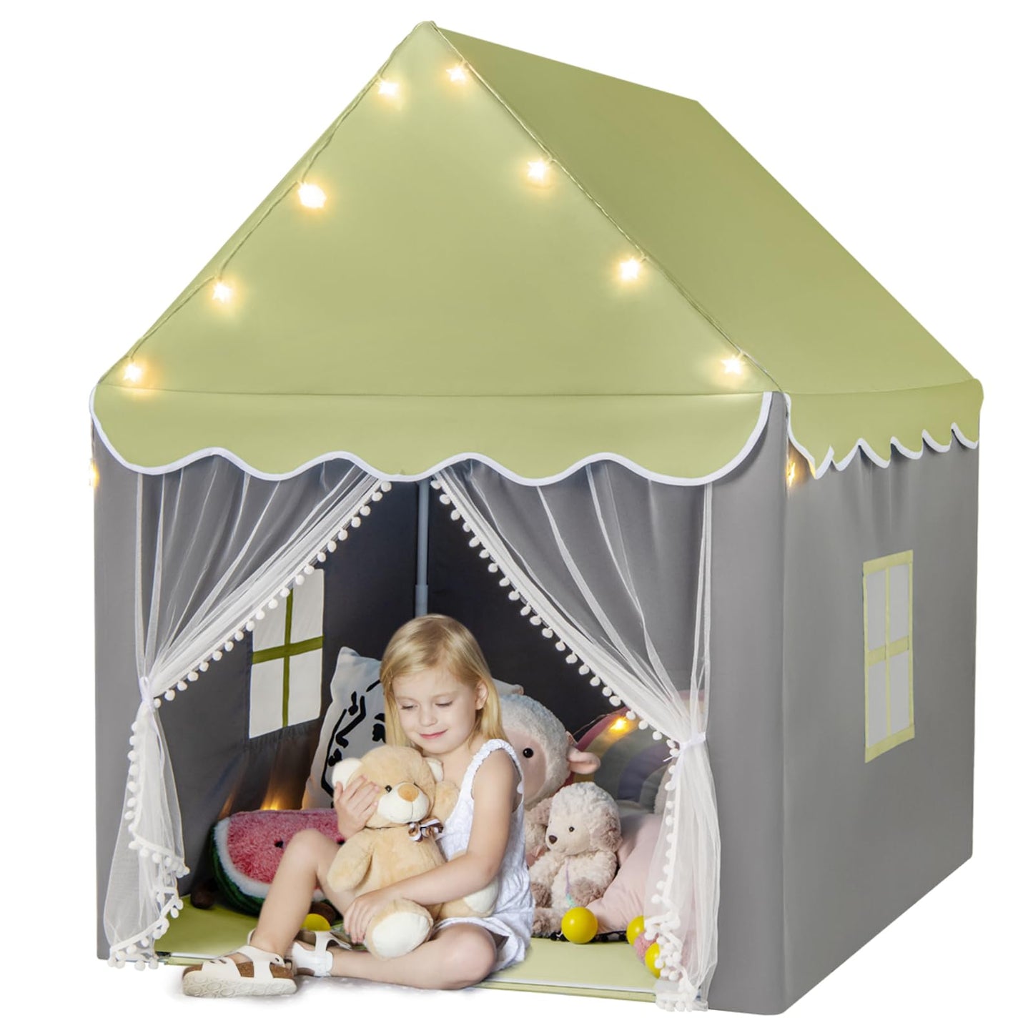 Large Kids Play House with Washable Mat and Star Lights