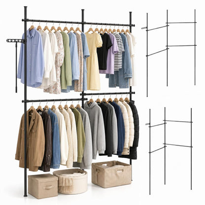 Adjustable Floor to Ceiling Clothes Rack with 2 Hanging Rods Folding Drying Rack and Reacher Pole