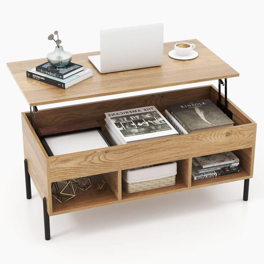 Lift Top Coffee Table with Large Hidden Compartment and 3 Open Cubbies