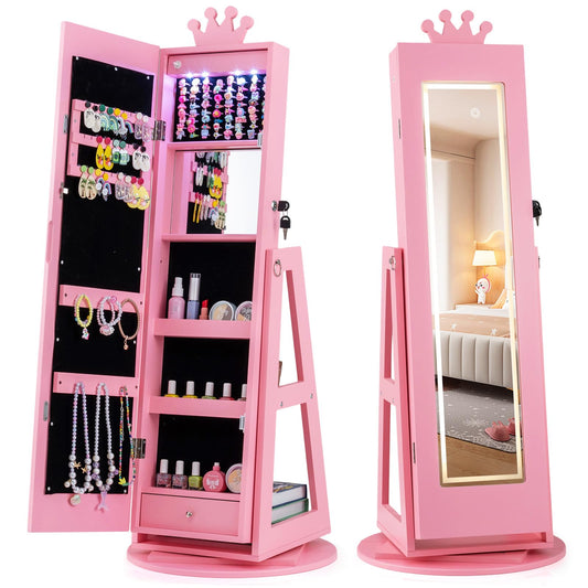 3 In 1 Kids Jewelry Cabinet 360° Swivel Jewelry Armoire with Mirror