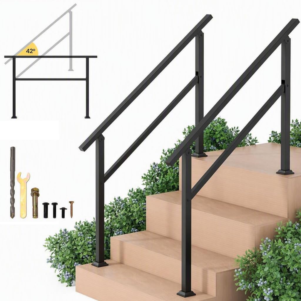 Handrail for Outdoor Steps Fits 4 Steps with Flexible Angle Adjustment