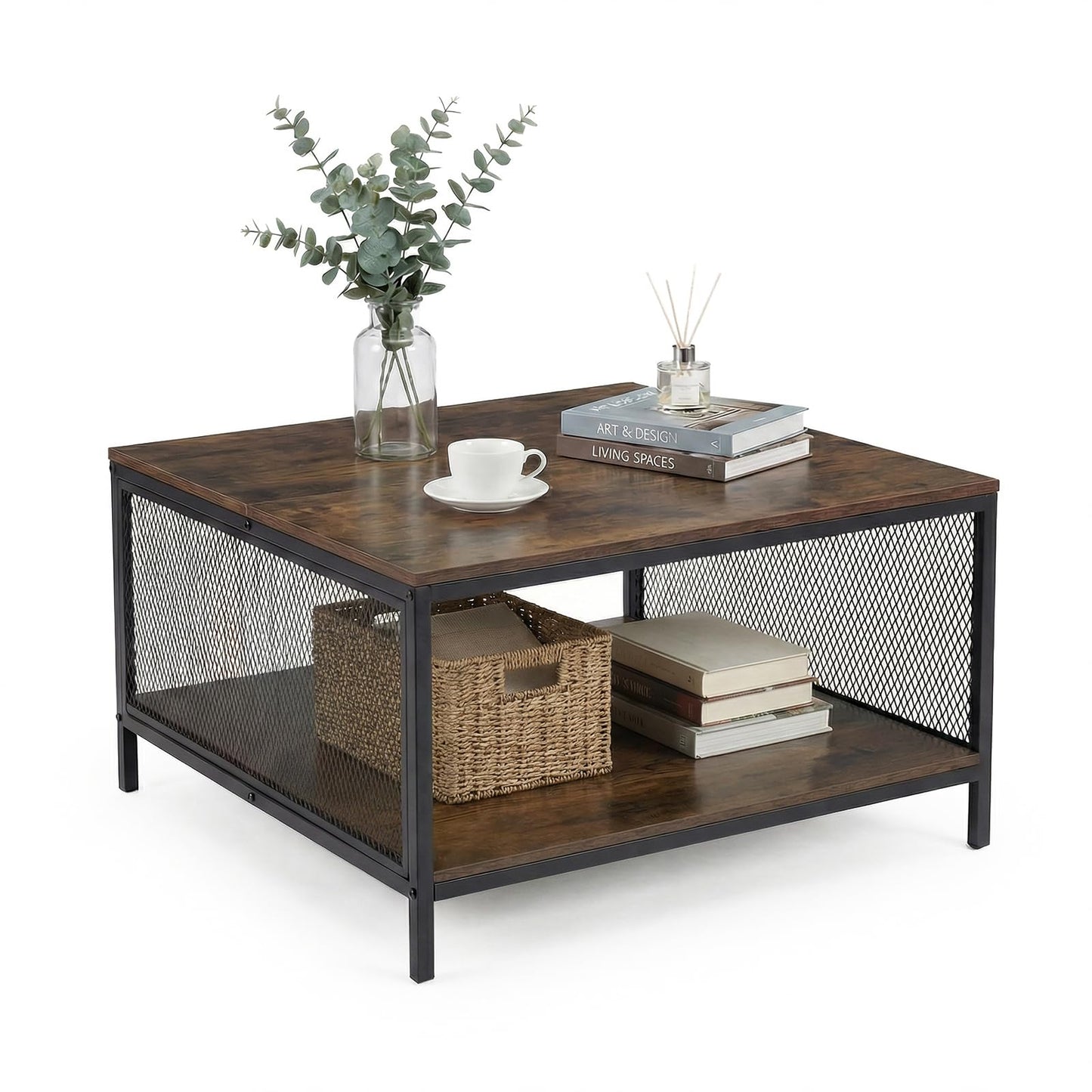 2-Tier Coffee Table, Industrial Square Cocktail Center Table with Open Storage Shelf