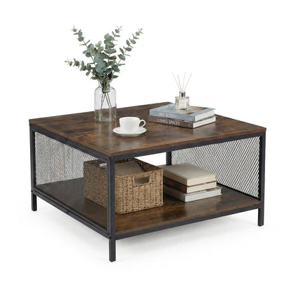2-Tier Coffee Table, Industrial Square Cocktail Center Table with Open Storage Shelf