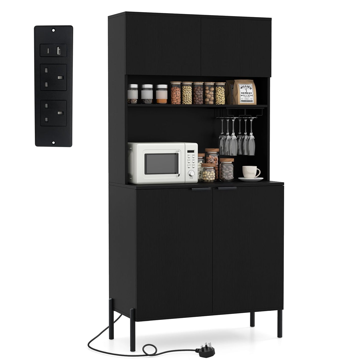 Kitchen Pantry Cabinet with Power Outlets and Wine Racks