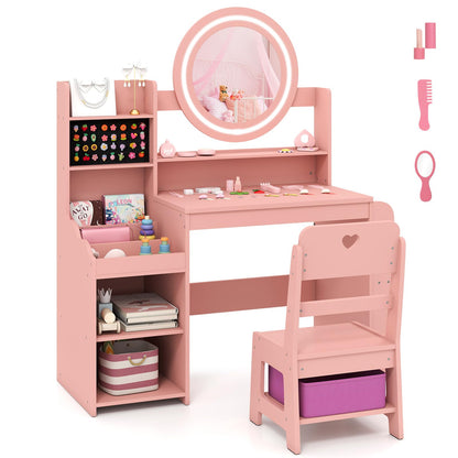 Kids Dressing Table with Lighted Mirror (White, With Storage