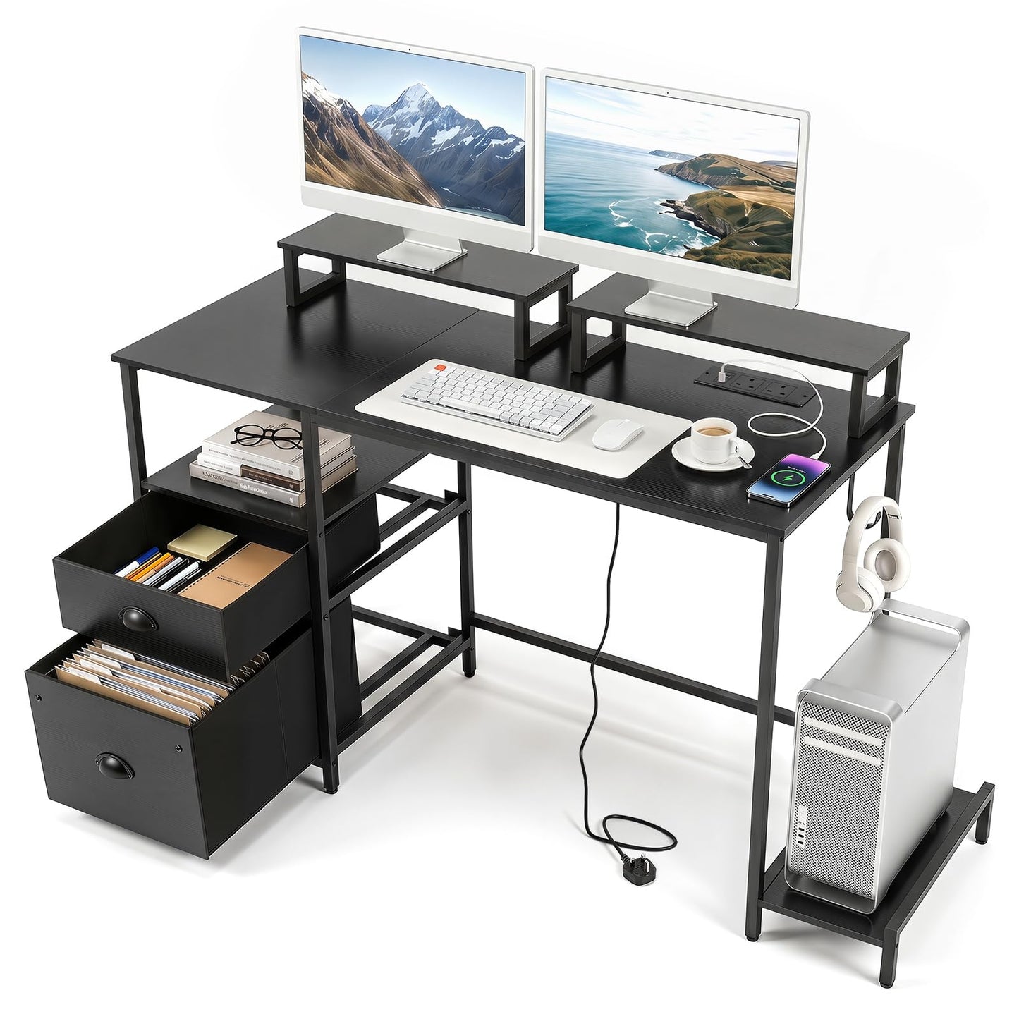Computer Desk with Power Outlets, 120 x 48cm Large Corner Desk Writing Study Table